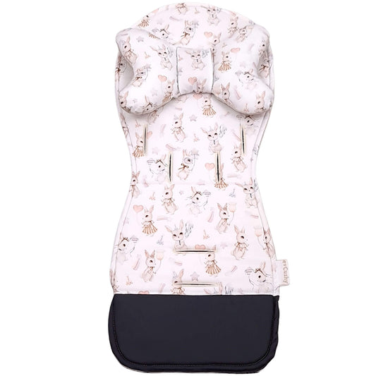Evcushy Retro Bunny stroller liner showing the cotton bunny pattern side with matching head support pillow. Reversible padded buggy liner.