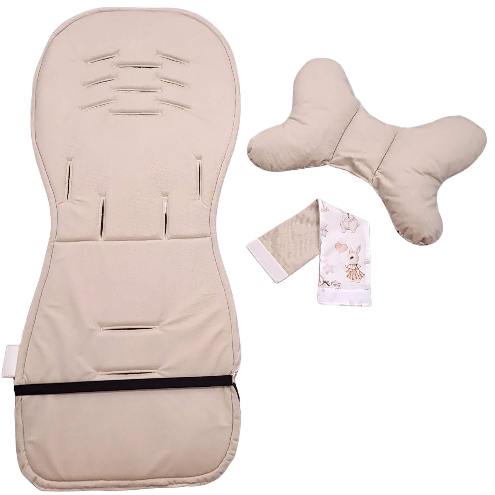 Evcushy Retro Bunny stroller liner showing the soft plain velvet reverse side with matching head support pillow. Double-sided stroller liner with  rubber band to keep liner in place.