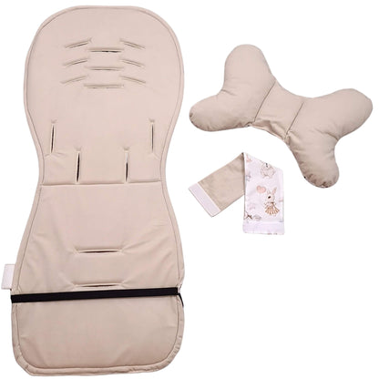 Evcushy Retro Bunny stroller liner showing the soft plain velvet reverse side with matching head support pillow. Double-sided stroller liner with  rubber band to keep liner in place.