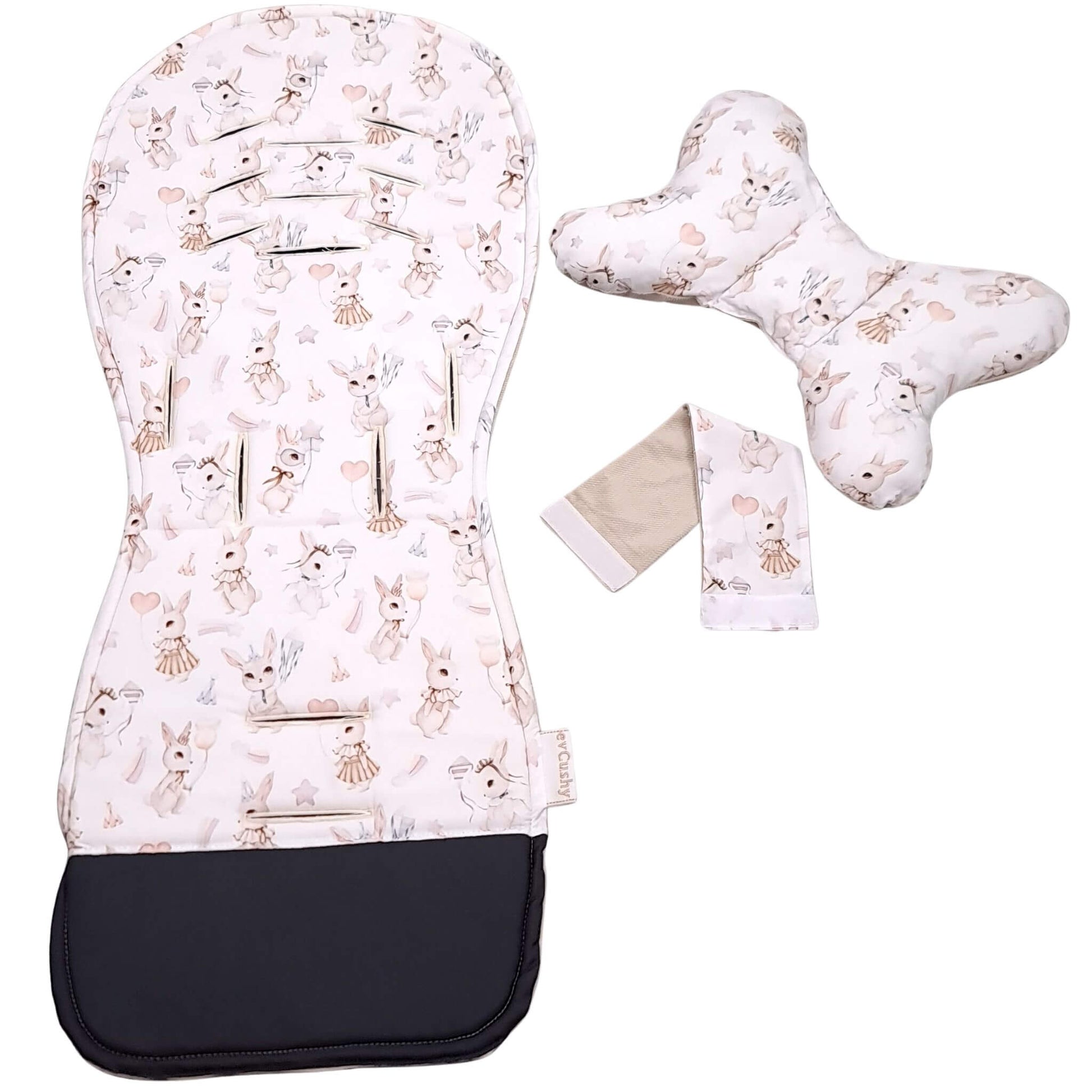 Evcushy Retro Bunny stroller liner showing the soft plain velvet reverse side with matching head support pillow. Double-sided stroller liner.
