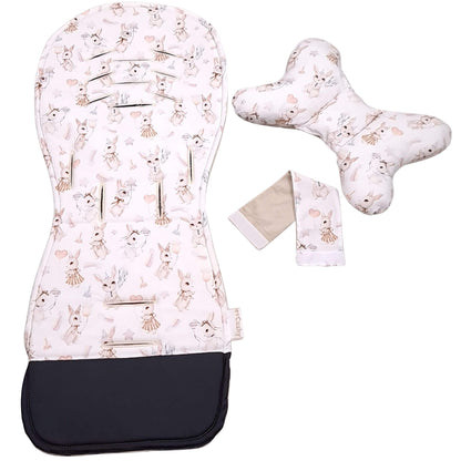 Evcushy Retro Bunny stroller liner showing the soft plain velvet reverse side with matching head support pillow. Double-sided stroller liner.