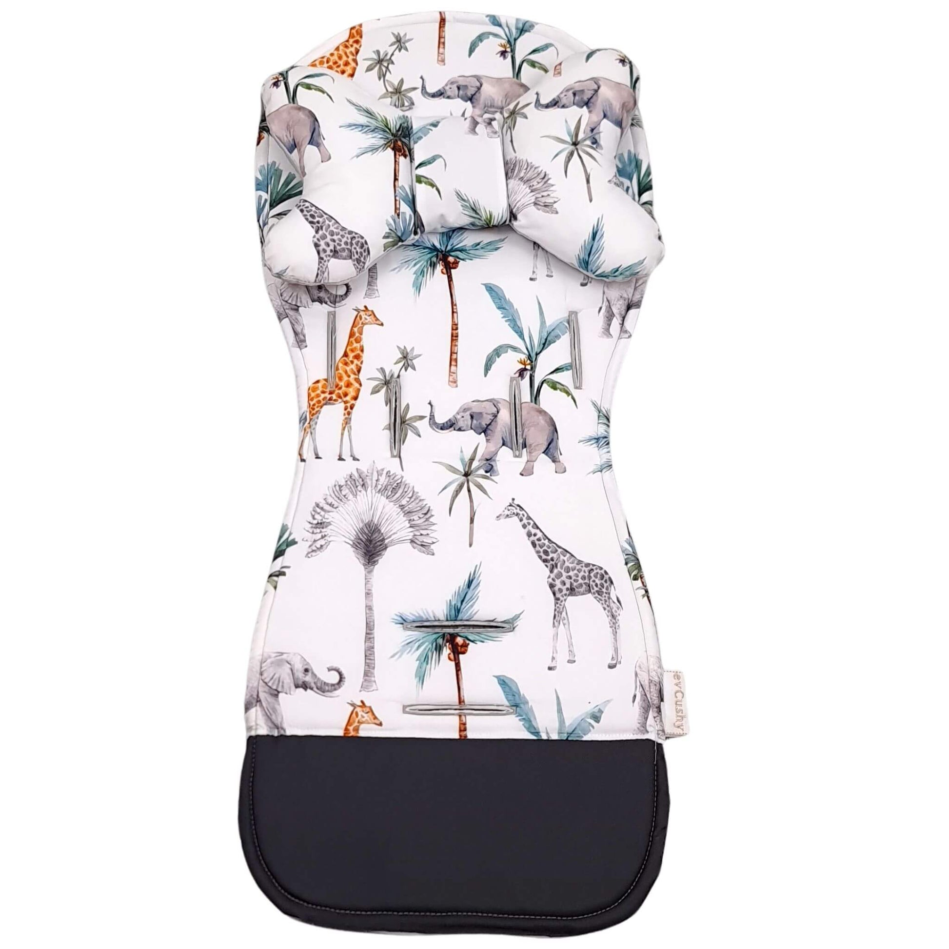Evcushy Safari Animals stroller liner showing the cotton safari animal pattern side with matching head support pillow.