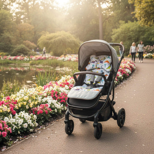 Stroller with small dinosaurs pattern liner on a park alley path beside a calm pond with greenery around