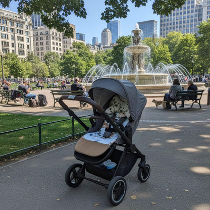 Stroller with a pattern liner insert with a child in a park with a fountain and city skyline in the background