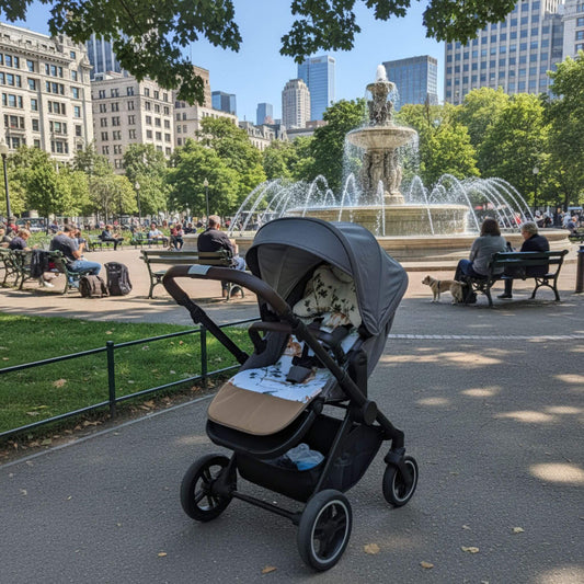 Stroller with a pattern liner insert with a child in a park with a fountain and city skyline in the background