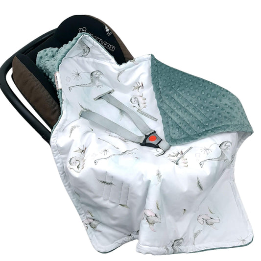 Evcushy Tiny Roars car seat blanket in 3-point harness for newborn safety and comfort