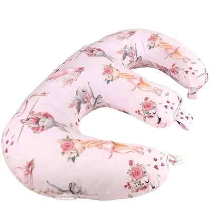 Pink U-shaped twin z pillow for feeding twins with floral and animal pattern on a white background