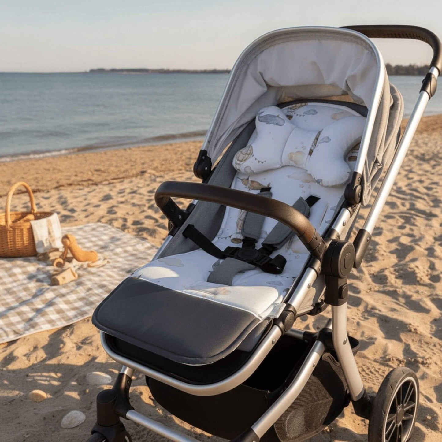 Evcushy Whales and Balloons reversible stroller liner with matching head support pillow fitted inside a buggy. Soft padded cotton and velvet pram liner with washable footrest.