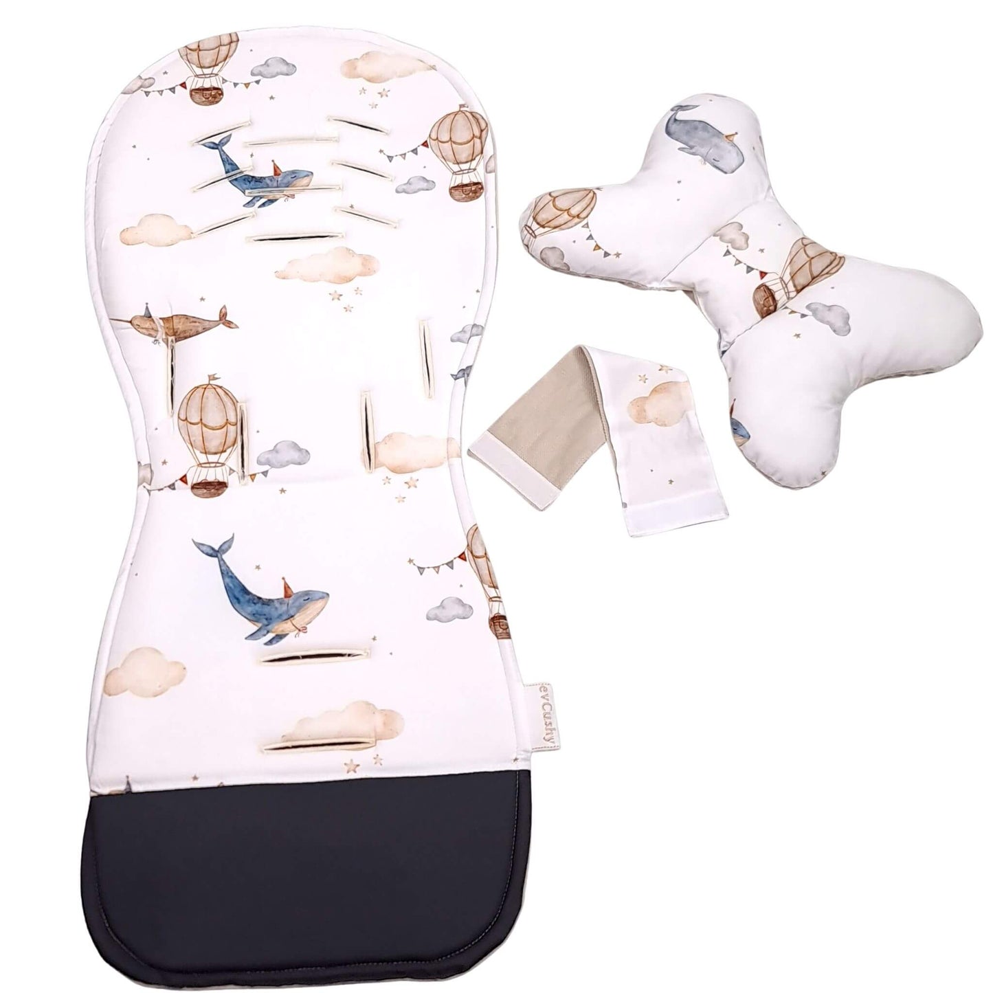 Evcushy Whales and Balloons universal stroller liner showing the cotton whale and balloon pattern side with matching head support pillow.