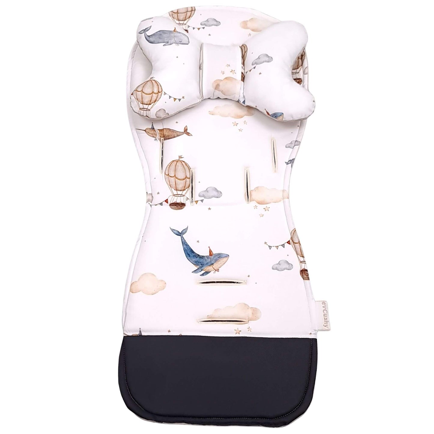 Close-up of the Evcushy Whales and Balloons stroller liner showing the wipe-clean washable footrest for everyday use.