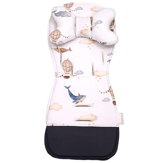 Close-up of the Evcushy Whales and Balloons stroller liner showing the wipe-clean washable footrest for everyday use.
