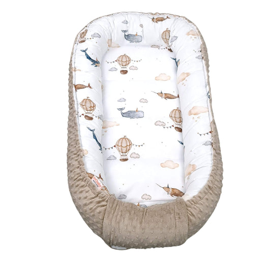 Evcushy Snuggle & Play Pod XXL with whales, hot air balloons and clouds on white cotton