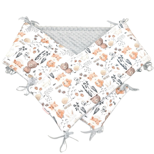 Evcushy Woodland Forest Cot Bumper with bears, foxes, and rabbits print for cot 140x70cm
