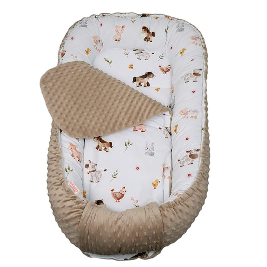Evcushy XXL Baby Pod in Farm Friends design with extra padded liner and accessories