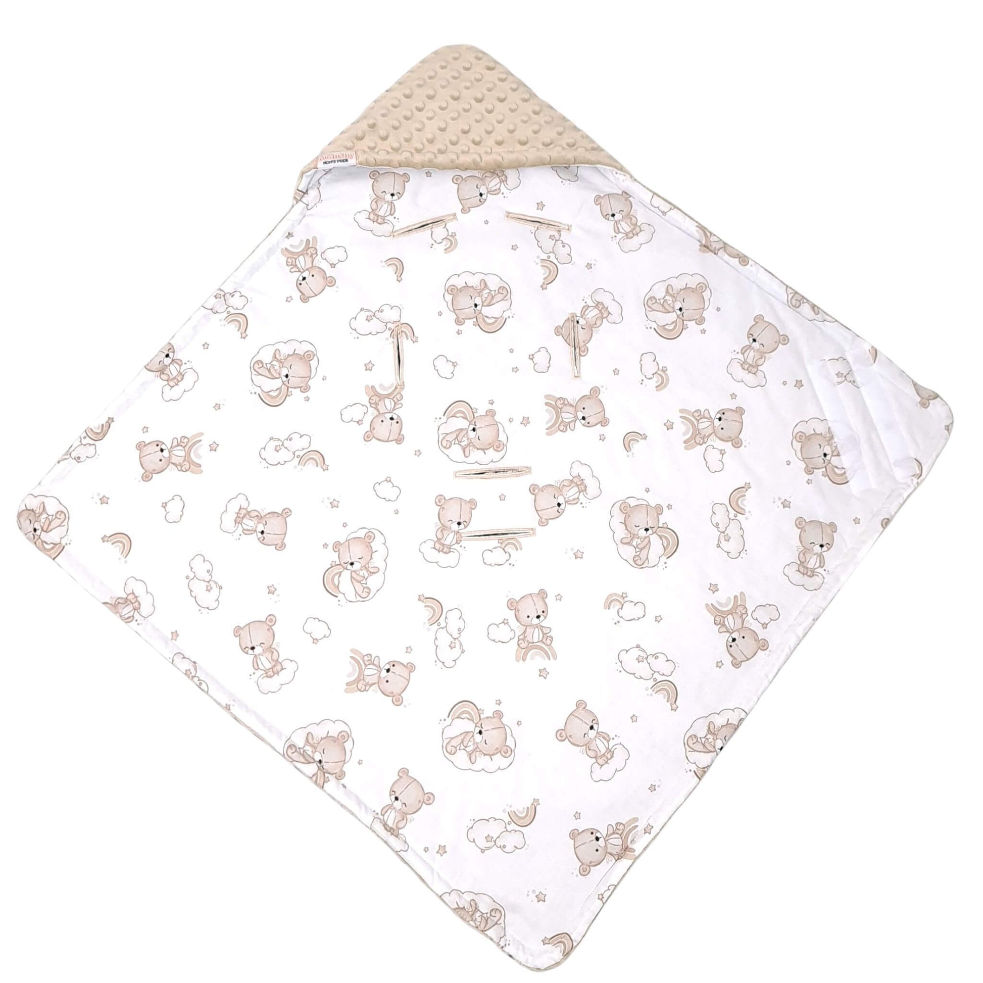 flat lay of blanket with hood and holes for infants car seat with teddy bear pattern and soft minky outside