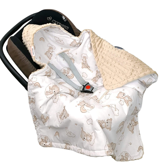 Baby car seat cover with teddy bear pattern and beige minky fabric on a white background