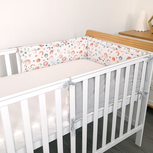 evcushy cot bed bumper protector for crib rungs in space theme with stars planets moons