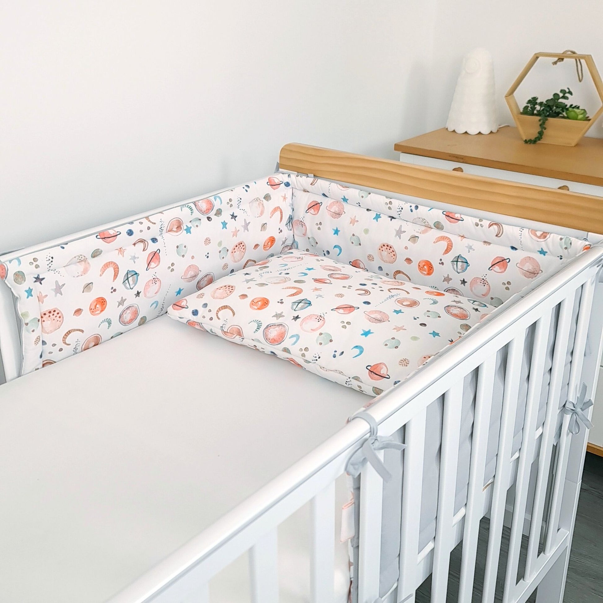 evcushy white crib with bumper and pillow for toddler cotton space universe theme with stars planets moons