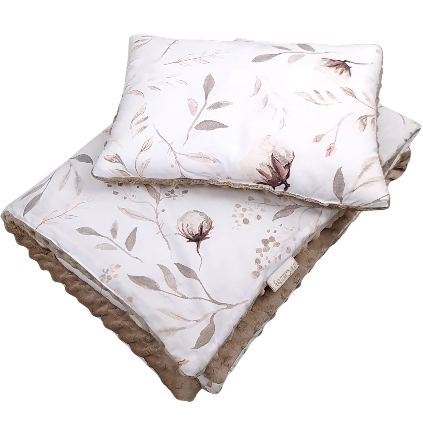 Close-up of baby bedding set featuring delicate cotton flowers in beige tones on soft breathable cotton fabric
