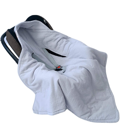 Evcushy baby grey blanket used in car seat with 5-point harness compatibility