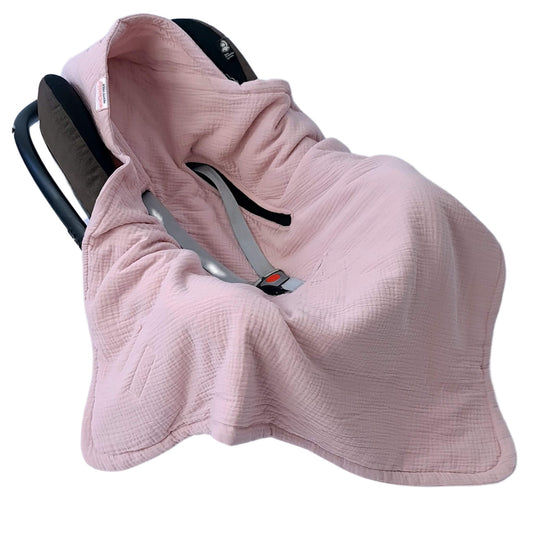 Evcushy pink muslin cotton car seat and buggy blanket with hood and 5-point harness slots.