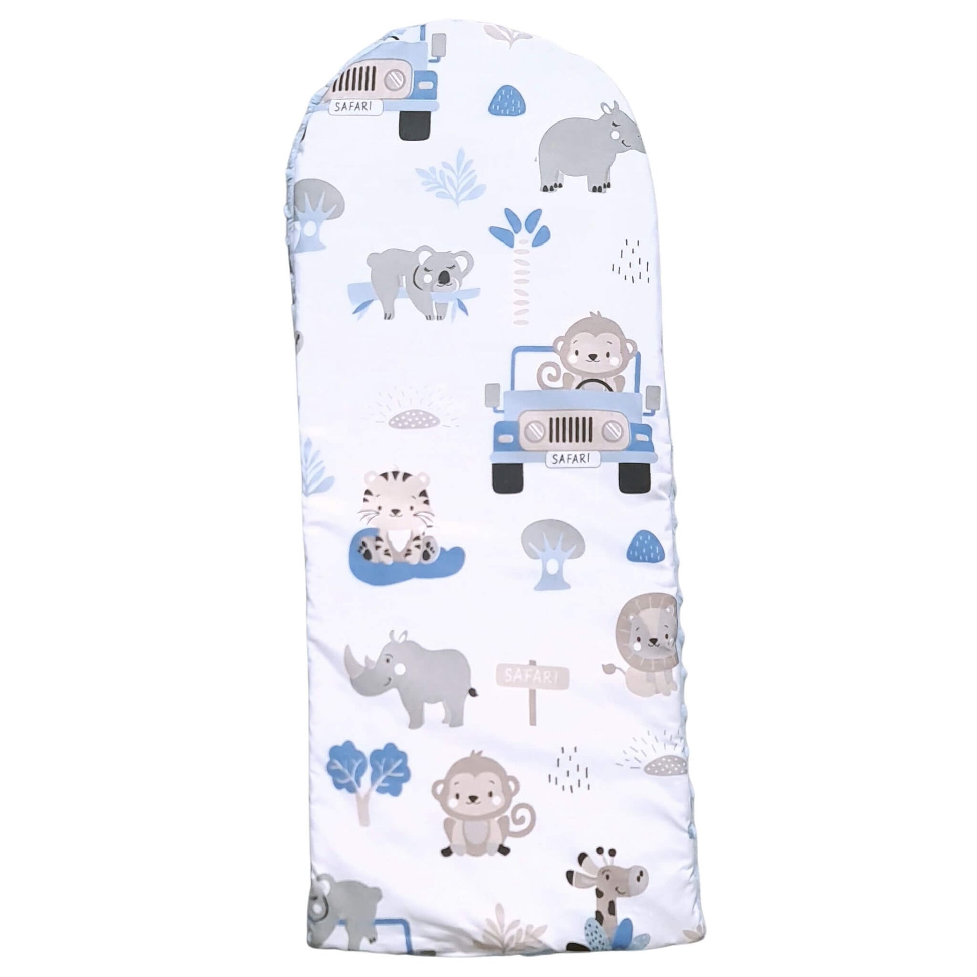 insert for baby pod evcushy 0-9 months liner  made of cotton and plush on reverse blue with safari animals