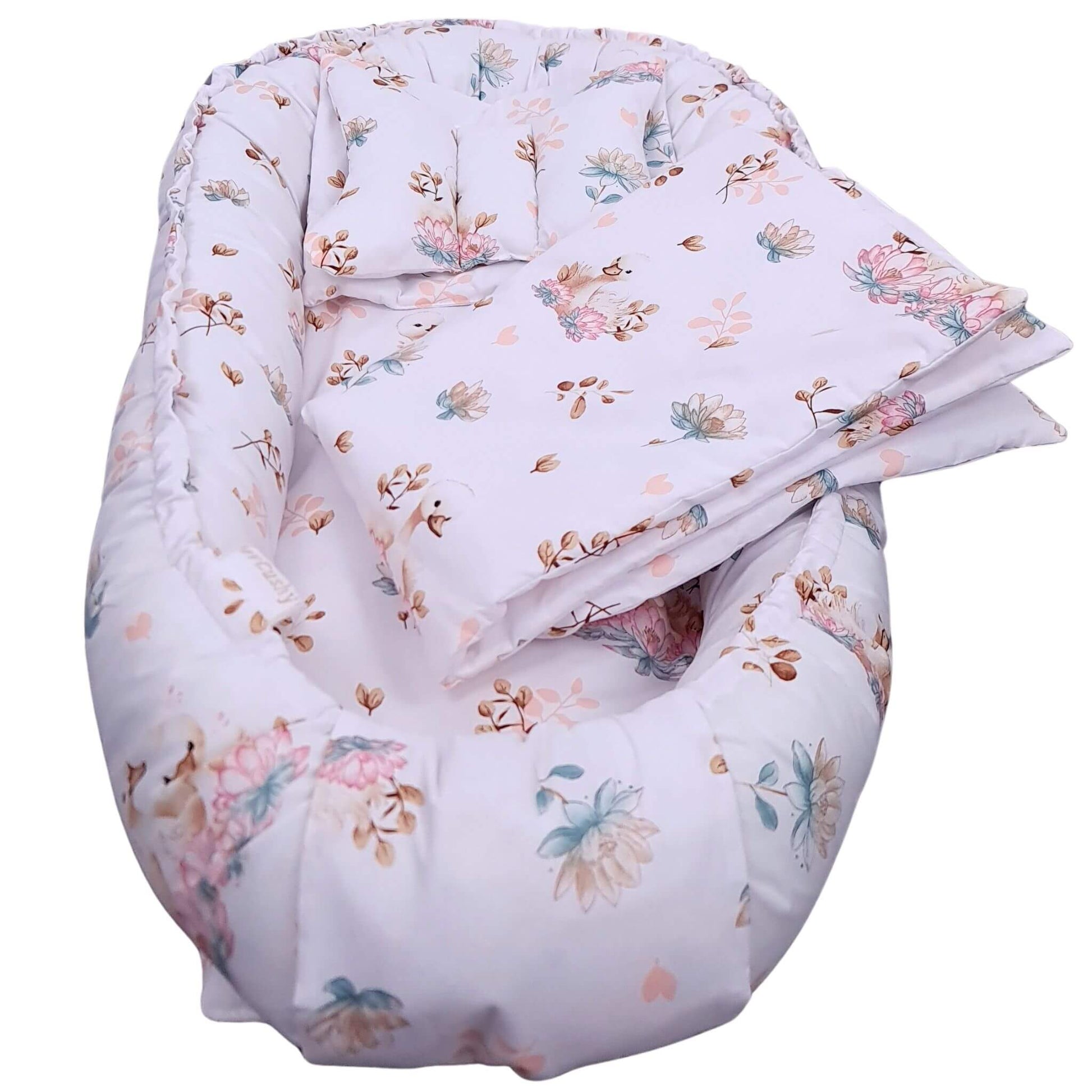 Luxury Evcushy baby nest sleeping pod with matching quilt and pillow in Lotus & Swan Garden collection for newborns