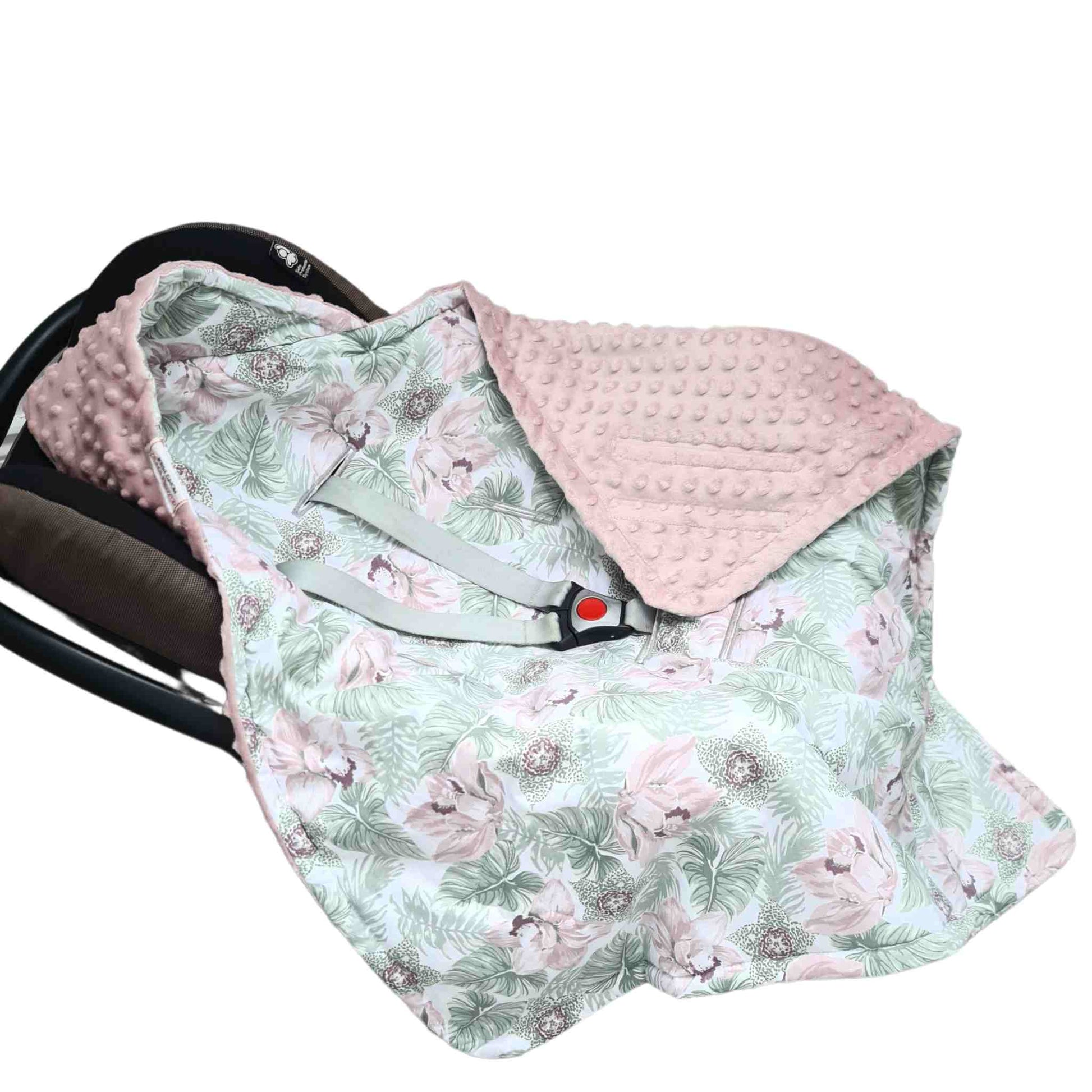 newborn car seat blanket with hood for baby girl pink plush and floral pink and green flowers pattern