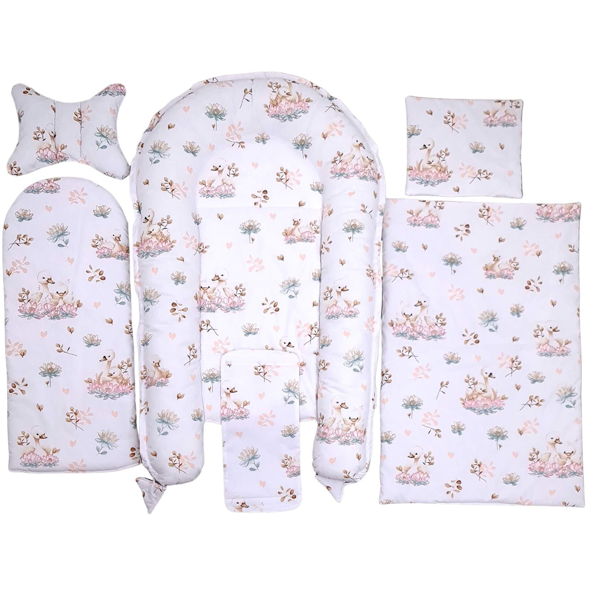 baby pod made with OEKO-TEX certified materials, baby nest with quilt and pillow in soft swan and lotus floral print for safe newborn sleep