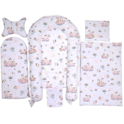 baby pod made with OEKO-TEX certified materials, baby nest with quilt and pillow in soft swan and lotus floral print for safe newborn sleep