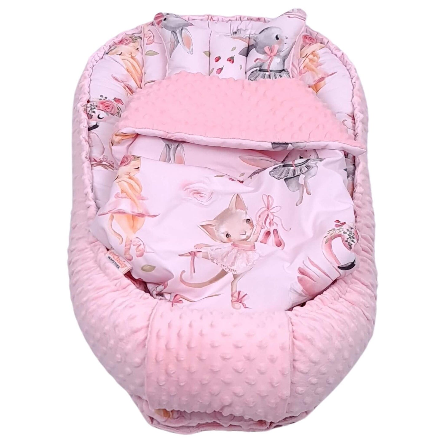 Pink baby nest with animal pattern including head support pillow and comfort blanket for baby