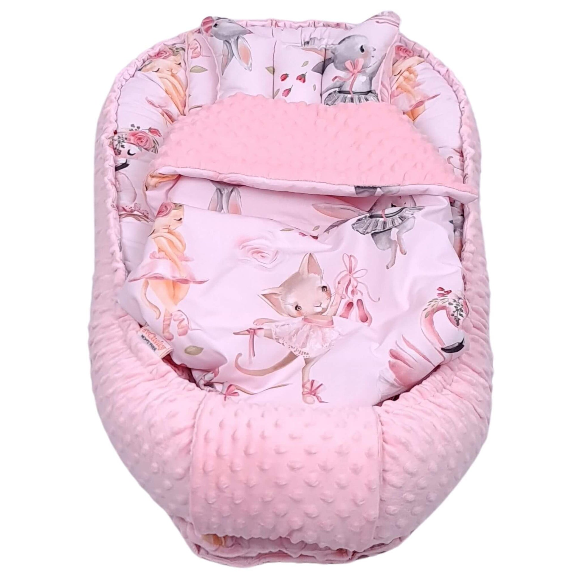 Pink baby nest with animal pattern including head support pillow and comfort blanket for baby