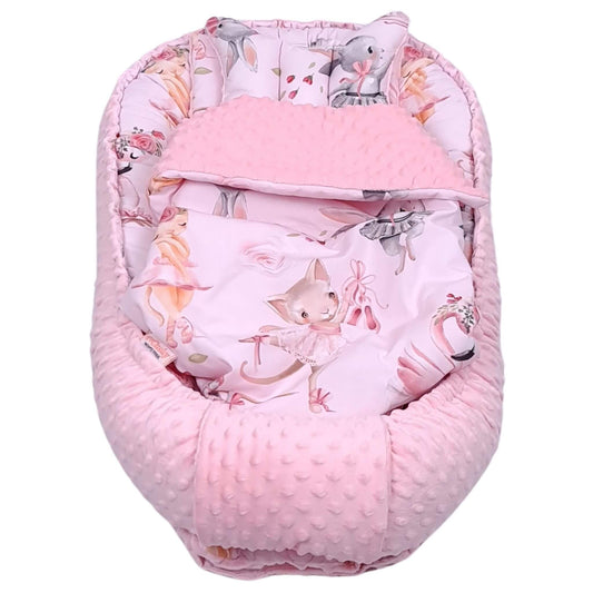 Pink baby nest with animal pattern including head support pillow and comfort blanket for baby