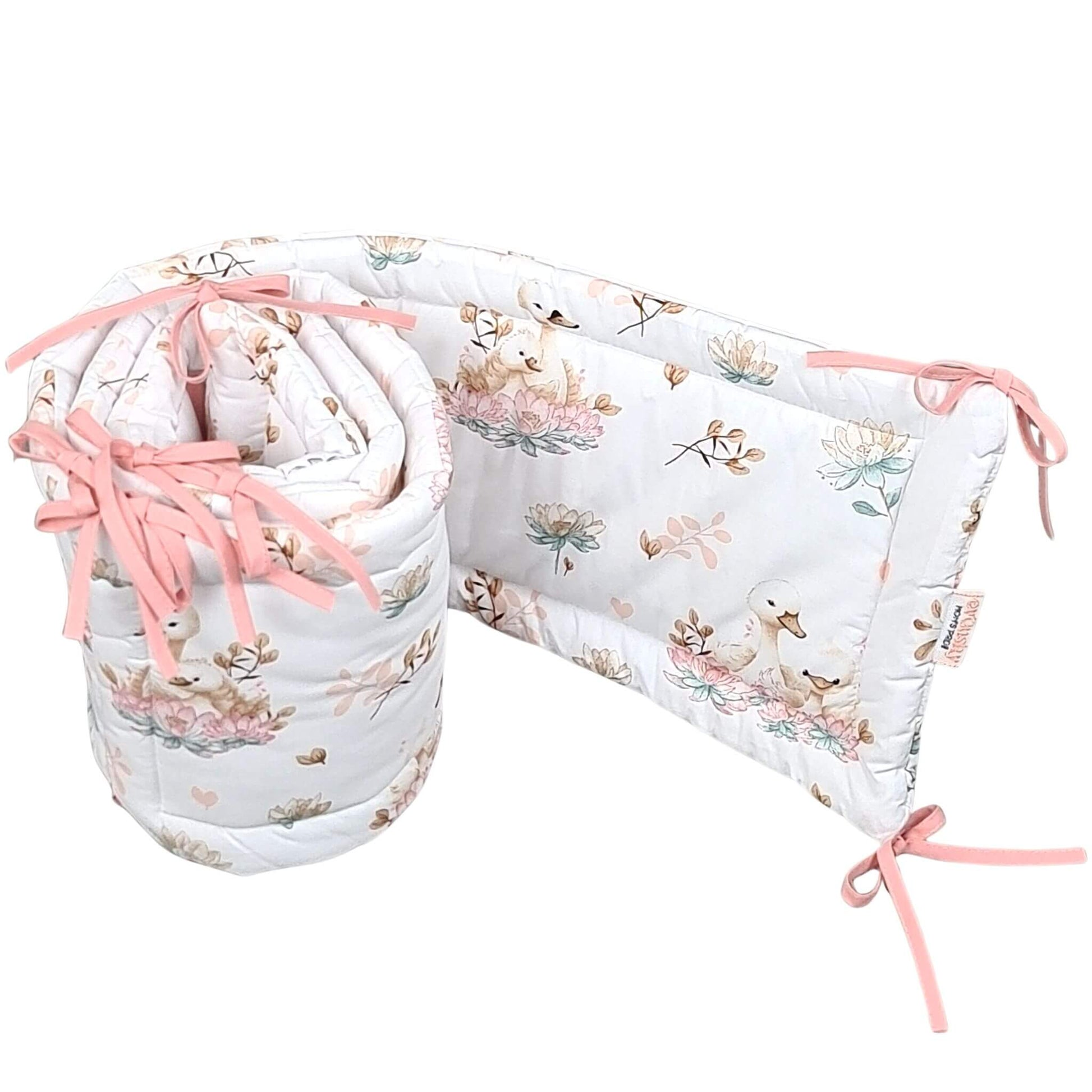210cm baby cot bumper featuring elegant swans and delicate floral design in neutral colours