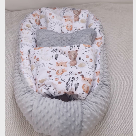 evcushy baby nest with matching blanket and pillow for newborn baby in grey and beige colour in woodland forest theme