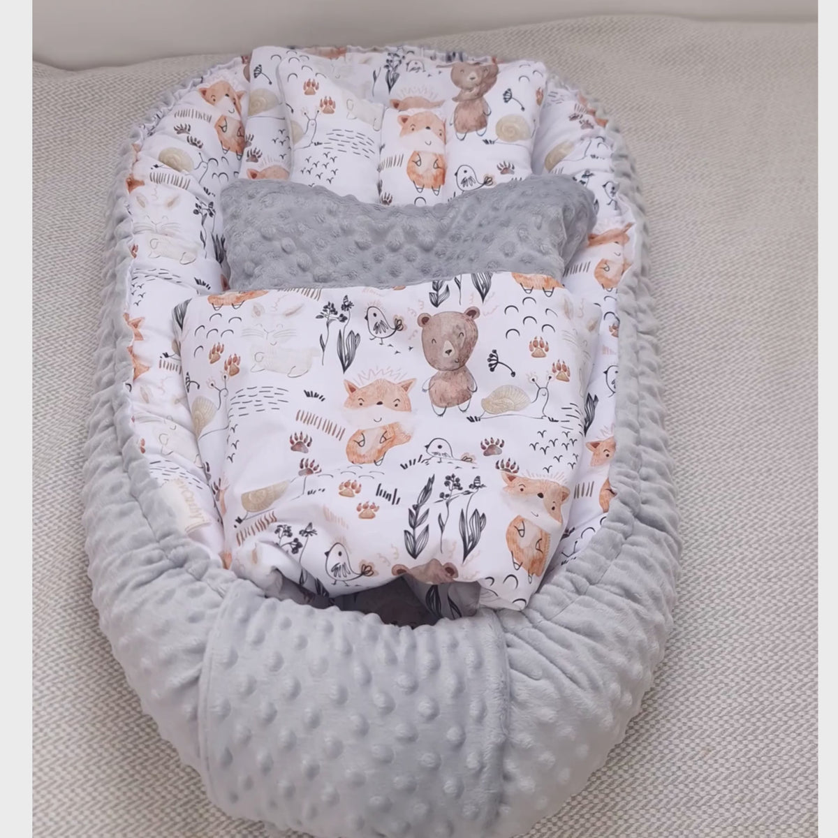 evcushy baby nest with matching blanket and pillow for newborn baby in grey and beige colour in woodland forest theme