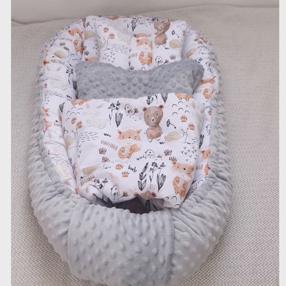 evcushy baby nest with matching blanket and pillow for newborn baby in grey and beige colour in woodland forest theme