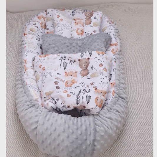 evcushy baby nest with matching blanket and pillow for newborn baby in grey and beige colour in woodland forest theme