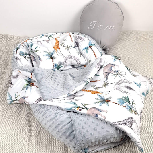 Evcushy Safari Animals baby nest set with matching liner, pillows, quilt and coordinating accessories