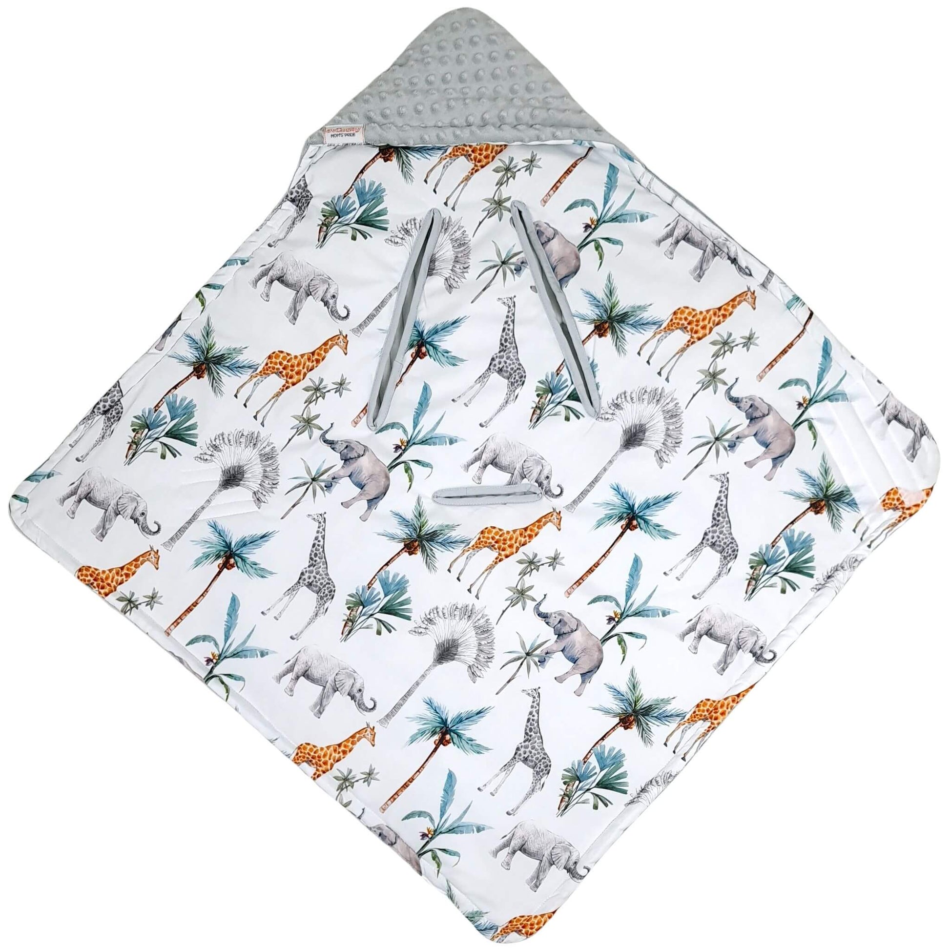 Safari print baby car seat blanket placed in infant car seat, breathable cotton with elephants and giraffes, grey plush reverse, 5-point harness compatible.