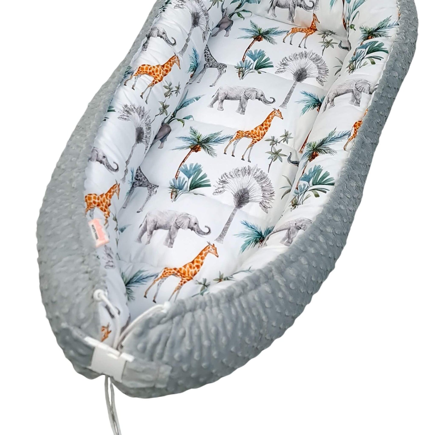 Eco-friendly handmade safari toddler nest in calming grey and green colours.
