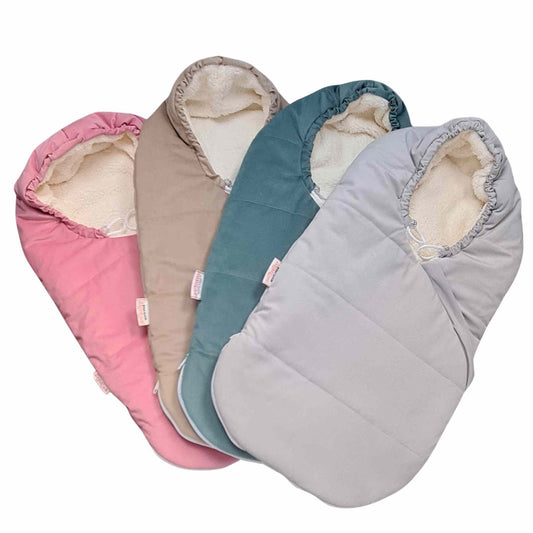 sellection of car seats and strolllers footmufs in ireland grey, pink, beige, sage green