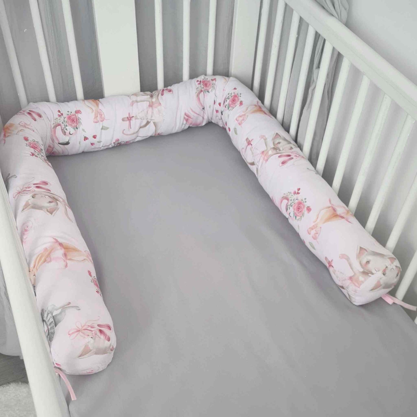 snake bumper for cot bed bolster pillow 210cm with ties cotton pink ballerinas cute animals swans evcushy
