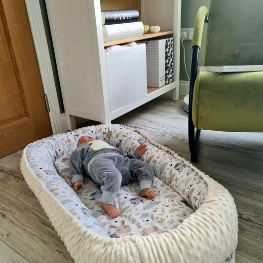 snuggle and play pod for cosy naps for children up to 36 months cream cosy minky and 100% cotton with owls pattern