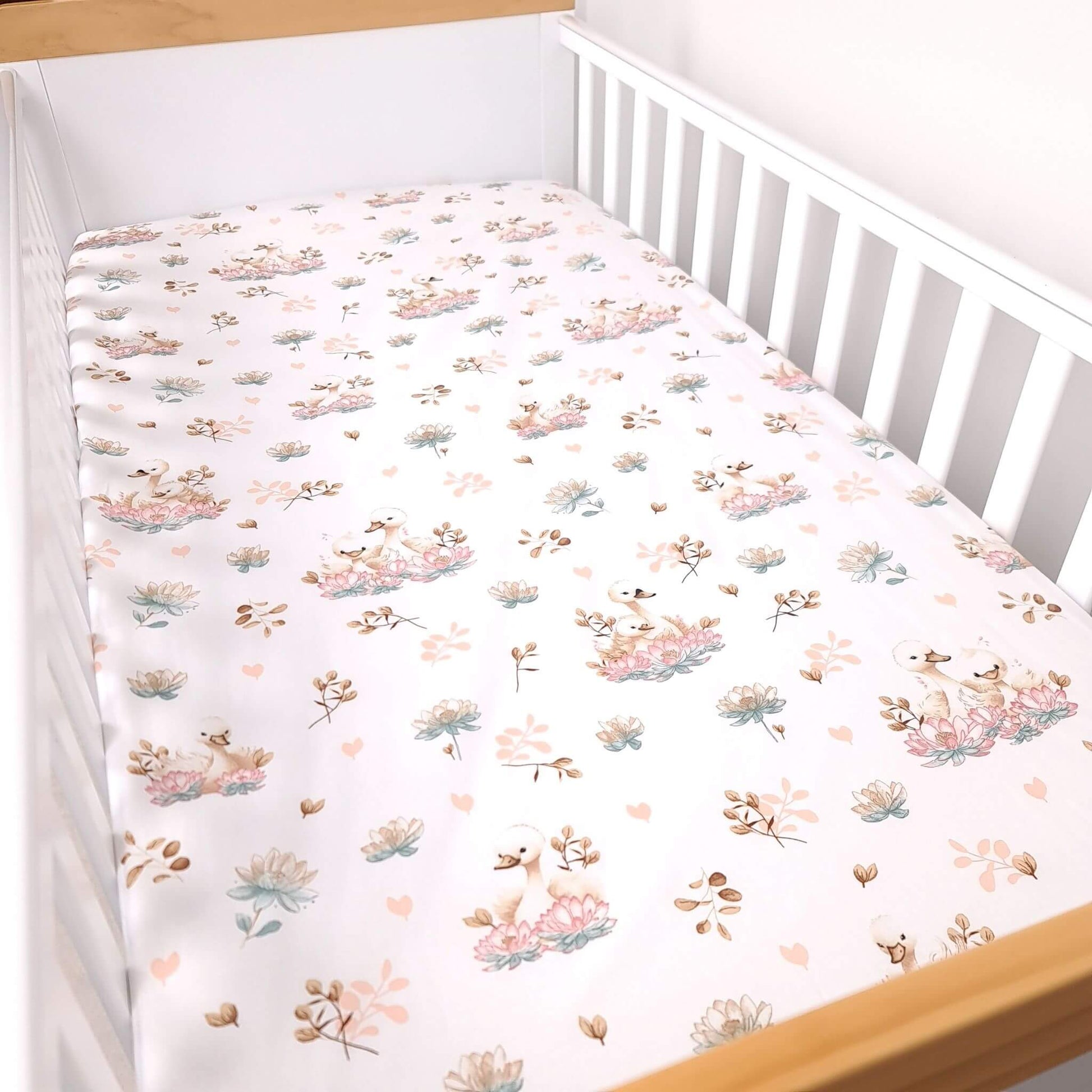 Premium cotton fitted cot bed sheet with swans and lotus flowers for 70x140 cm cot bed mattress