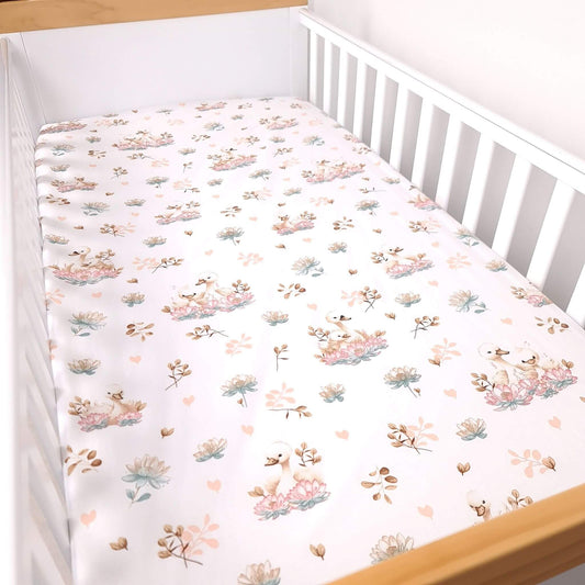 Premium cotton fitted cot bed sheet with swans and lotus flowers for 70x140 cm cot bed mattress