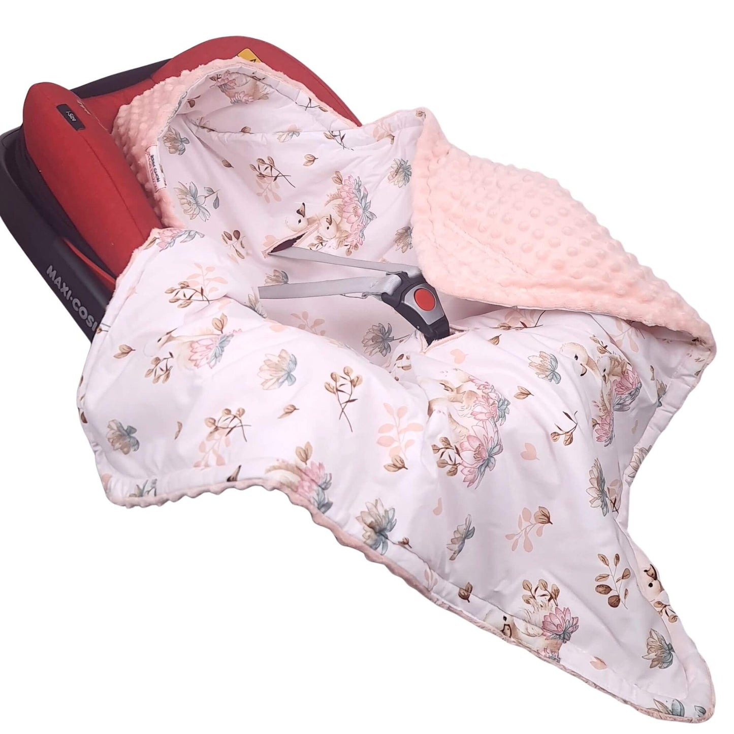 Swans and lotus baby car seat blanket full product view pink plush colour and floral inside