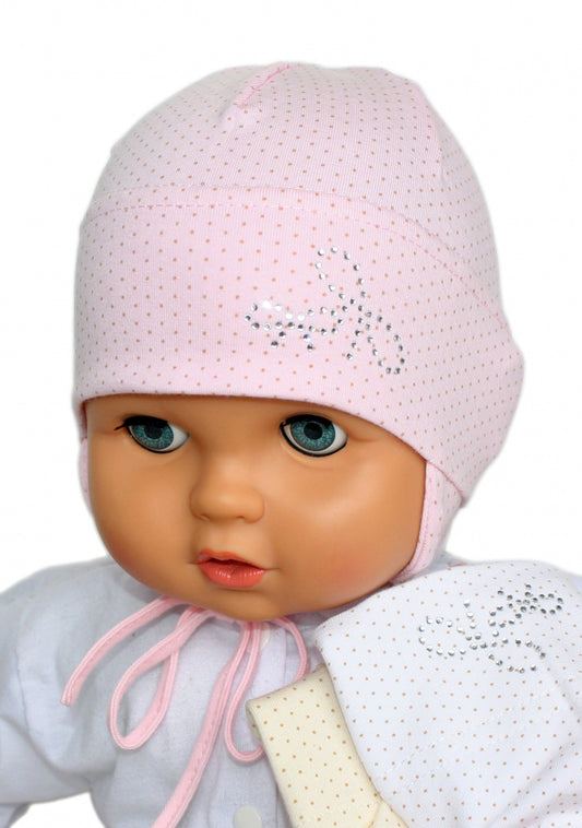 Baby girl polka dot hat with studs pink cream white