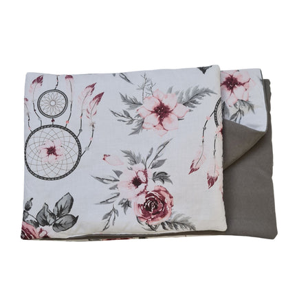 small pillow and quilt for moses basket pink  grey and floral pattern rose