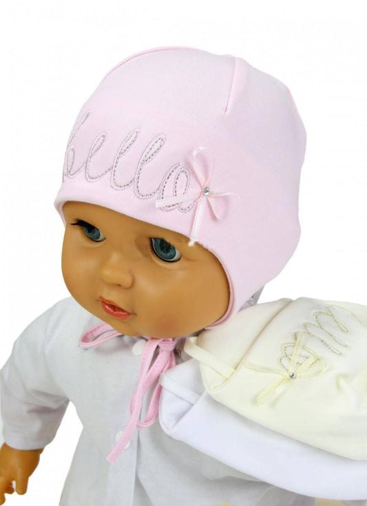Baby Girl  Hat Pink White Cream Cotton With Bella Embroidery